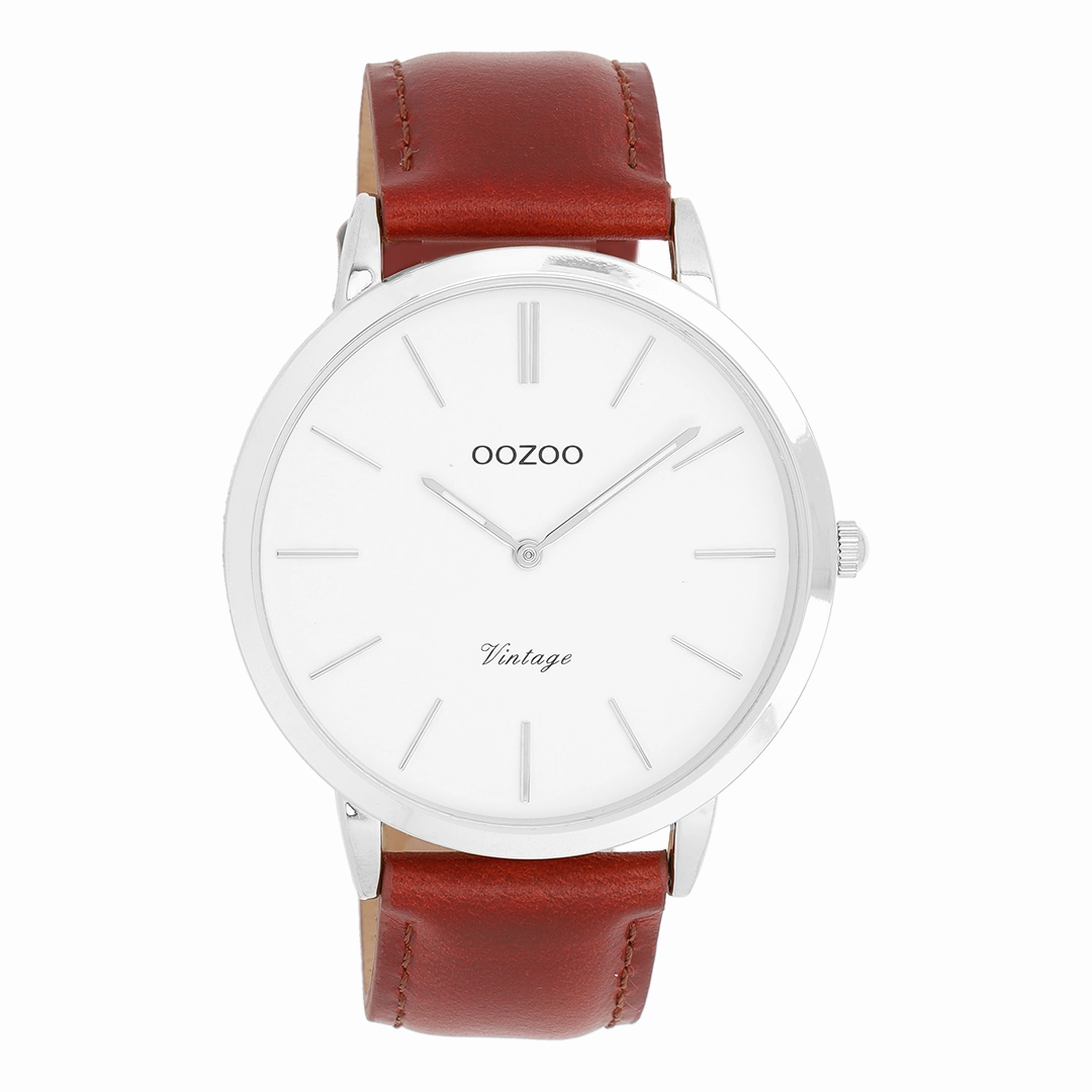 Silver coloured OOZOO watch with brown leather strap - C20385