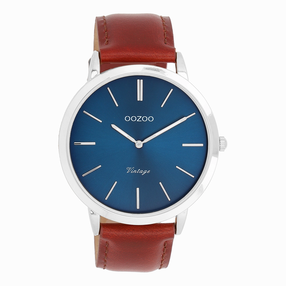 Silver coloured OOZOO watch with brown leather strap - C20387