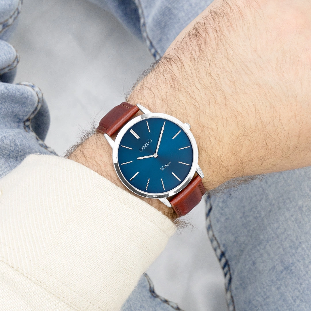 Silver coloured OOZOO watch with brown leather strap - C20387