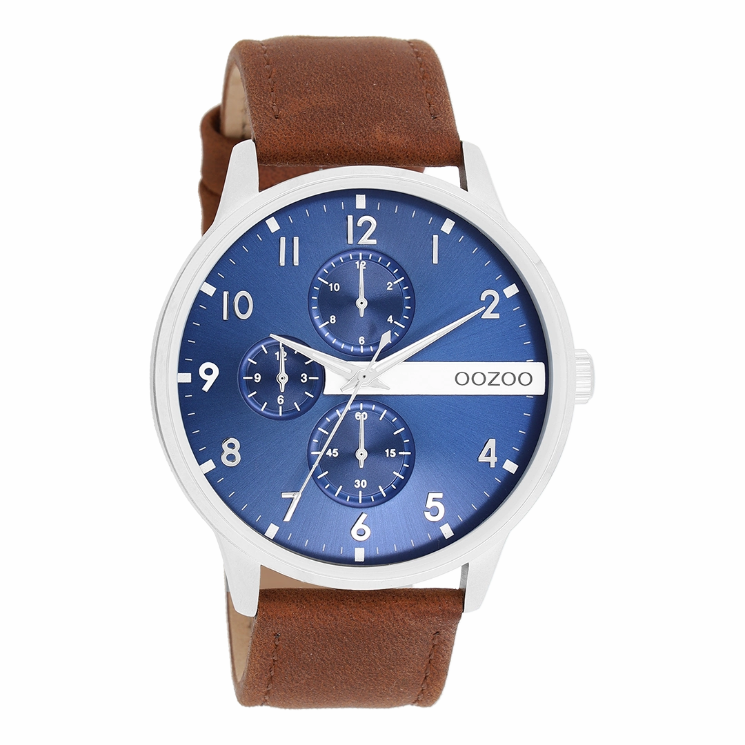Silver coloured OOZOO watch with cognac leather strap - C11306