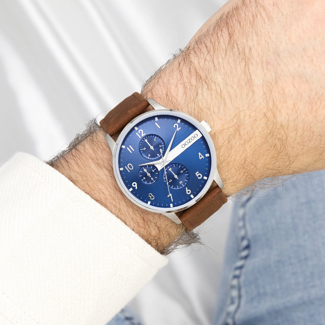 Silver coloured OOZOO watch with cognac leather strap - C11306