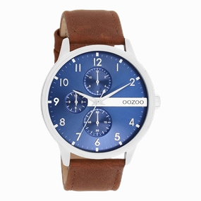 Silver coloured OOZOO watch with cognac leather strap - C11306