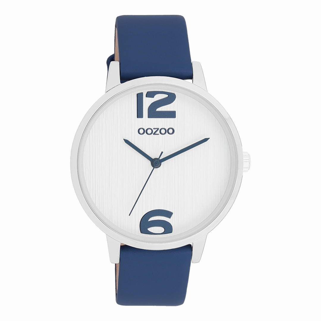 Silver coloured OOZOO watch with dark blue leather strap - C11238