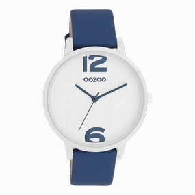 Silver coloured OOZOO watch with dark blue leather strap - C11238