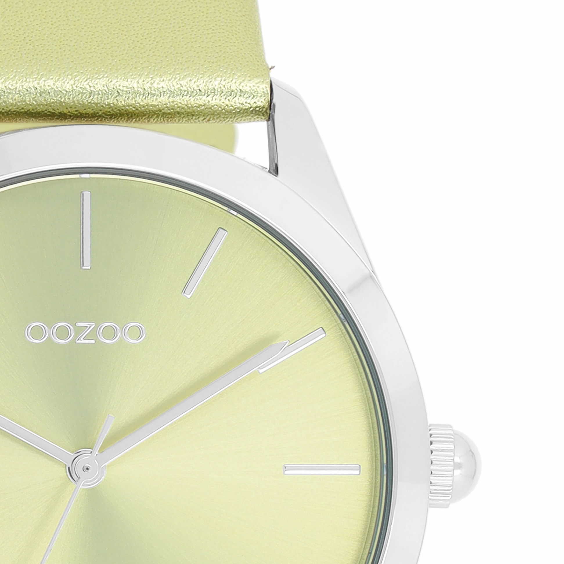 Silver coloured OOZOO watch with lime green leather strap - C11331