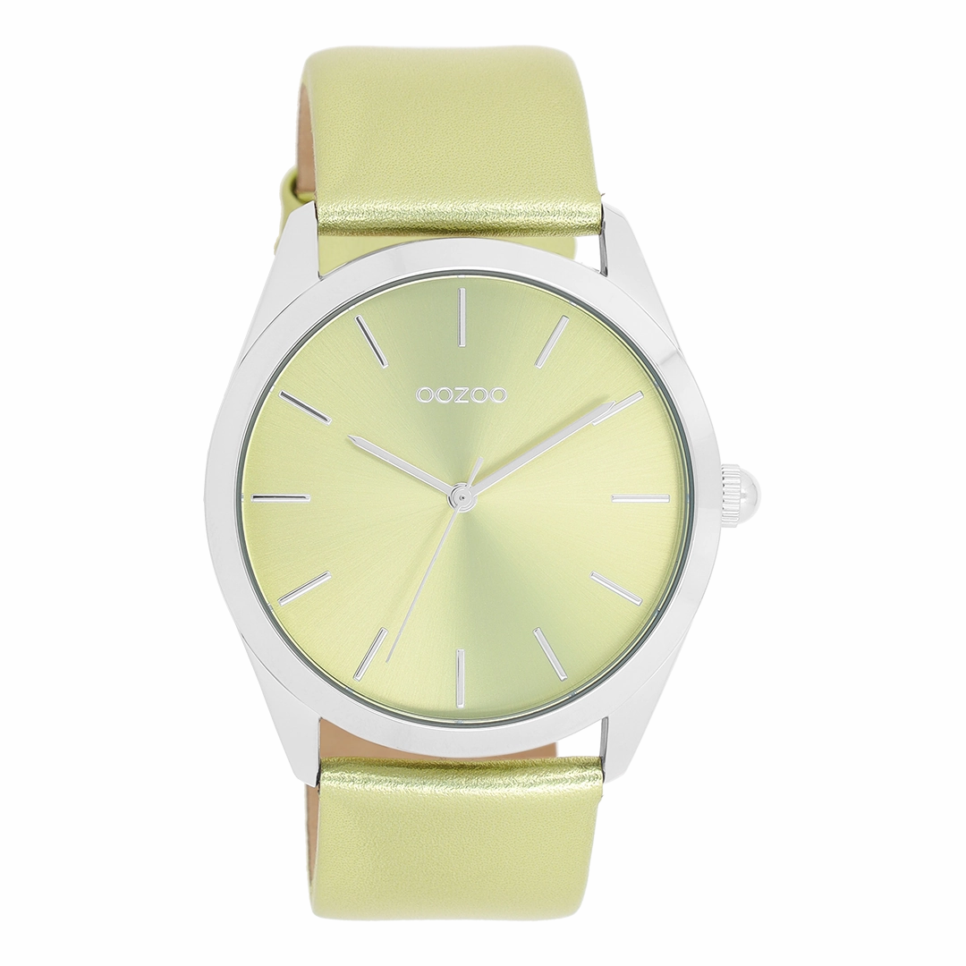 Silver coloured OOZOO watch with lime green leather strap - C11331