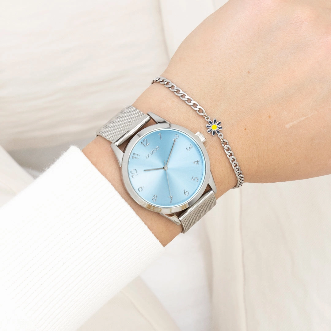 Silver coloured OOZOO watch with metal mesh bracelet - C11321