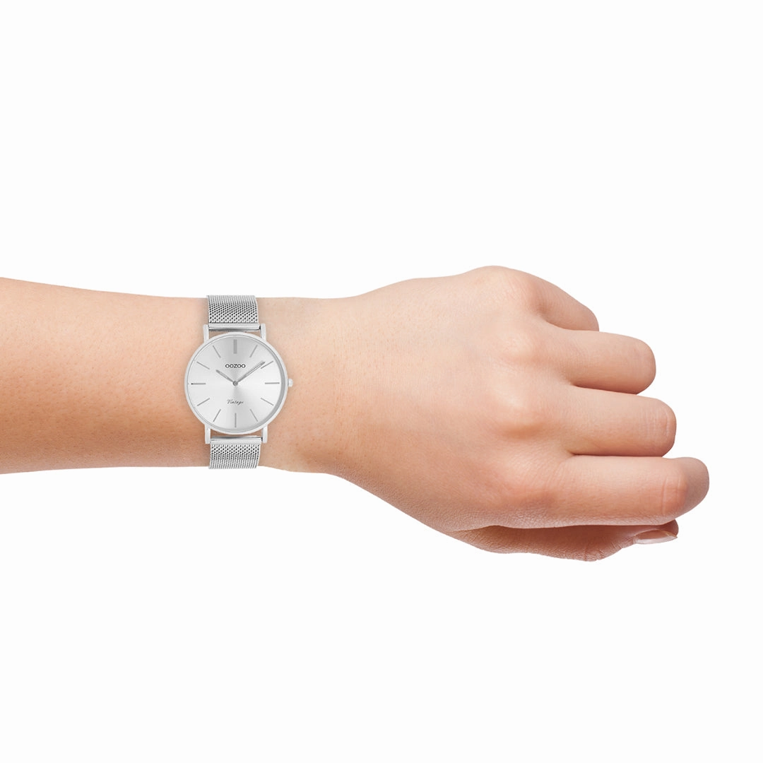 Silver coloured OOZOO watch with metal mesh bracelet - C9906
