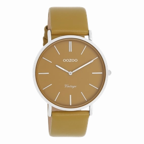 Silver coloured OOZOO watch with olive leather strap - C20326