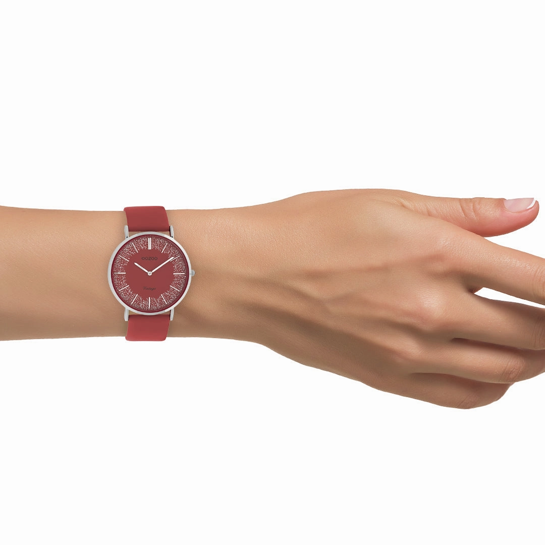 Silver coloured OOZOO watch with red leather strap - C20129