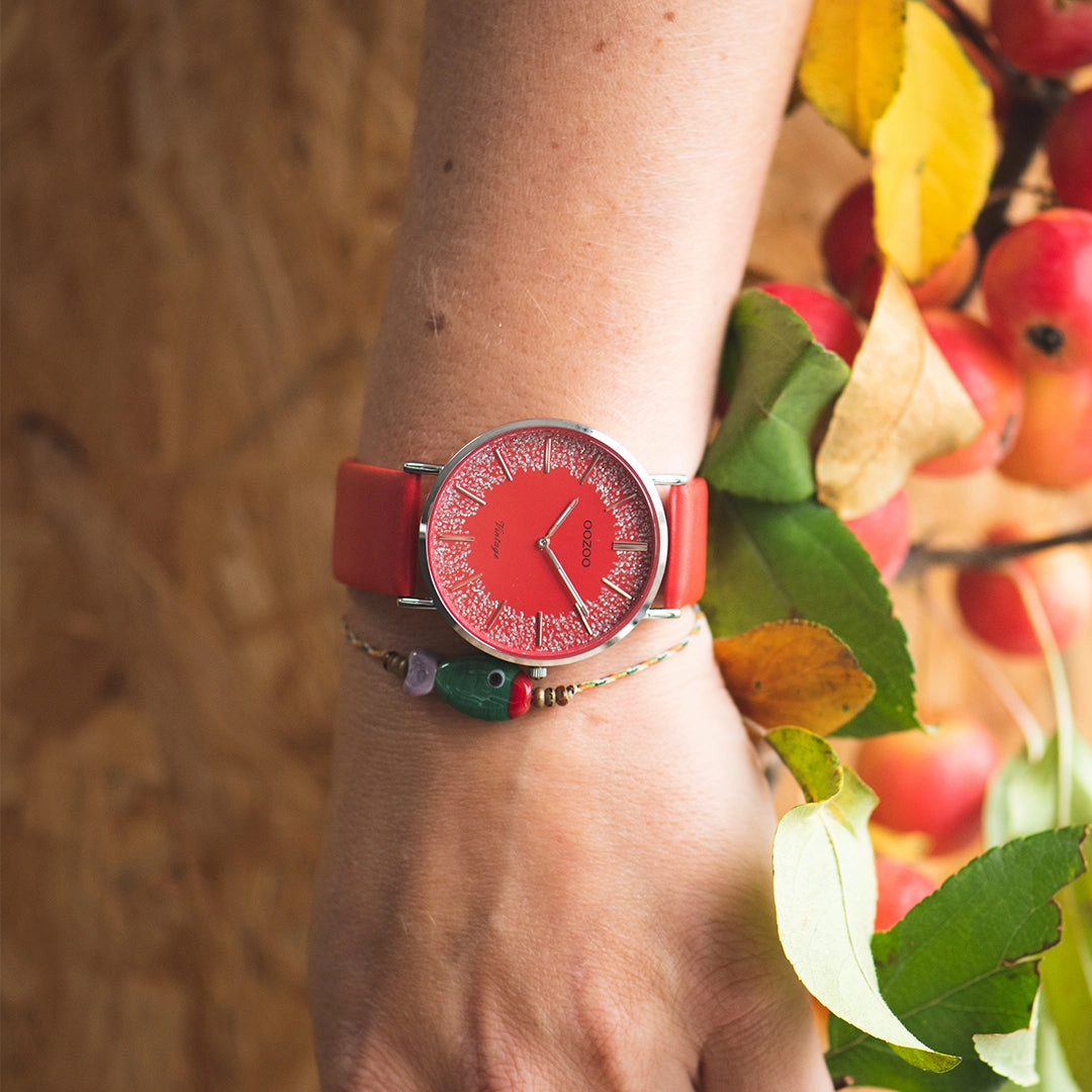 Silver coloured OOZOO watch with red leather strap - C20129