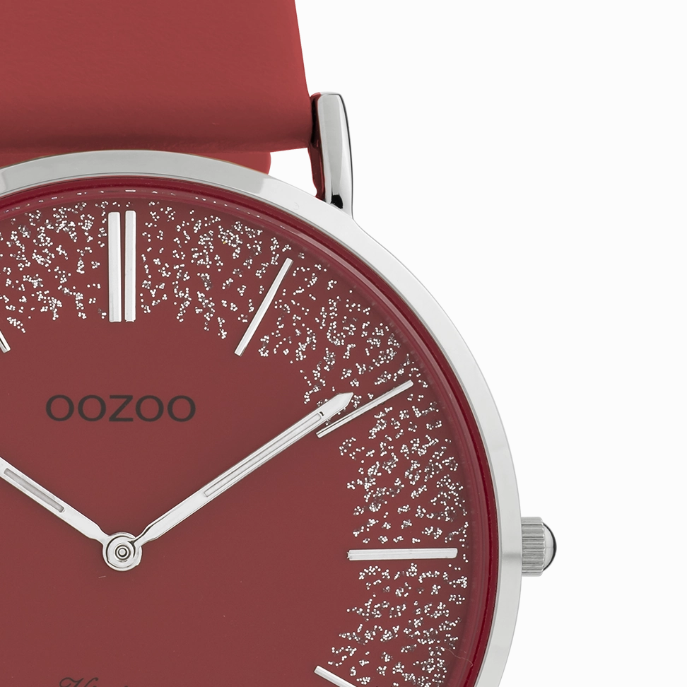 Silver coloured OOZOO watch with red leather strap - C20129