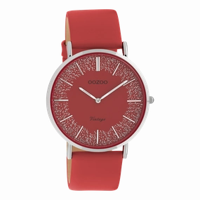 Silver coloured OOZOO watch with red leather strap - C20129