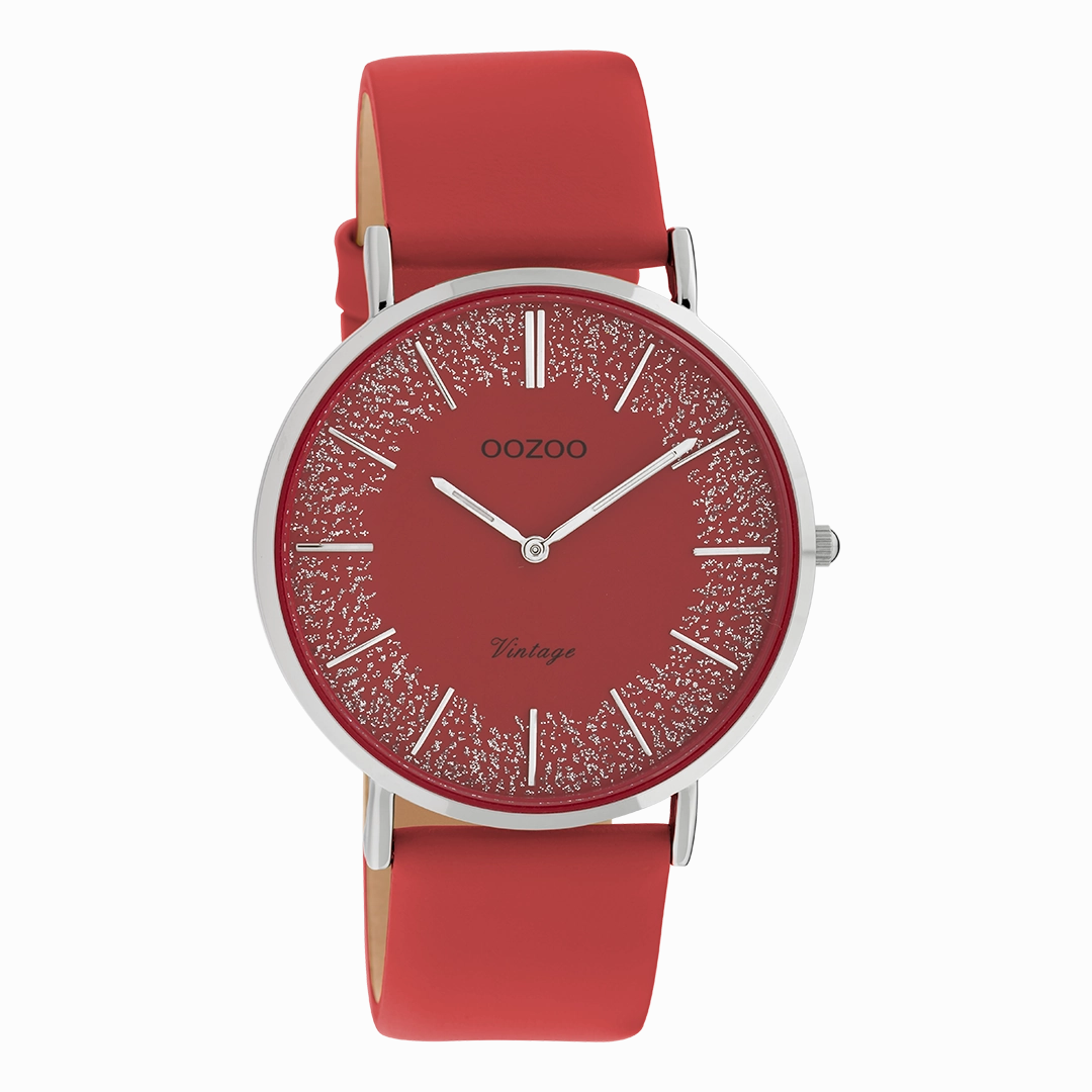 Silver coloured OOZOO watch with red leather strap - C20129
