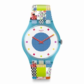 Swatch Women's Strap Watch - Brit-In Quilted Time Quartz Blue & White Dial | SUOS108