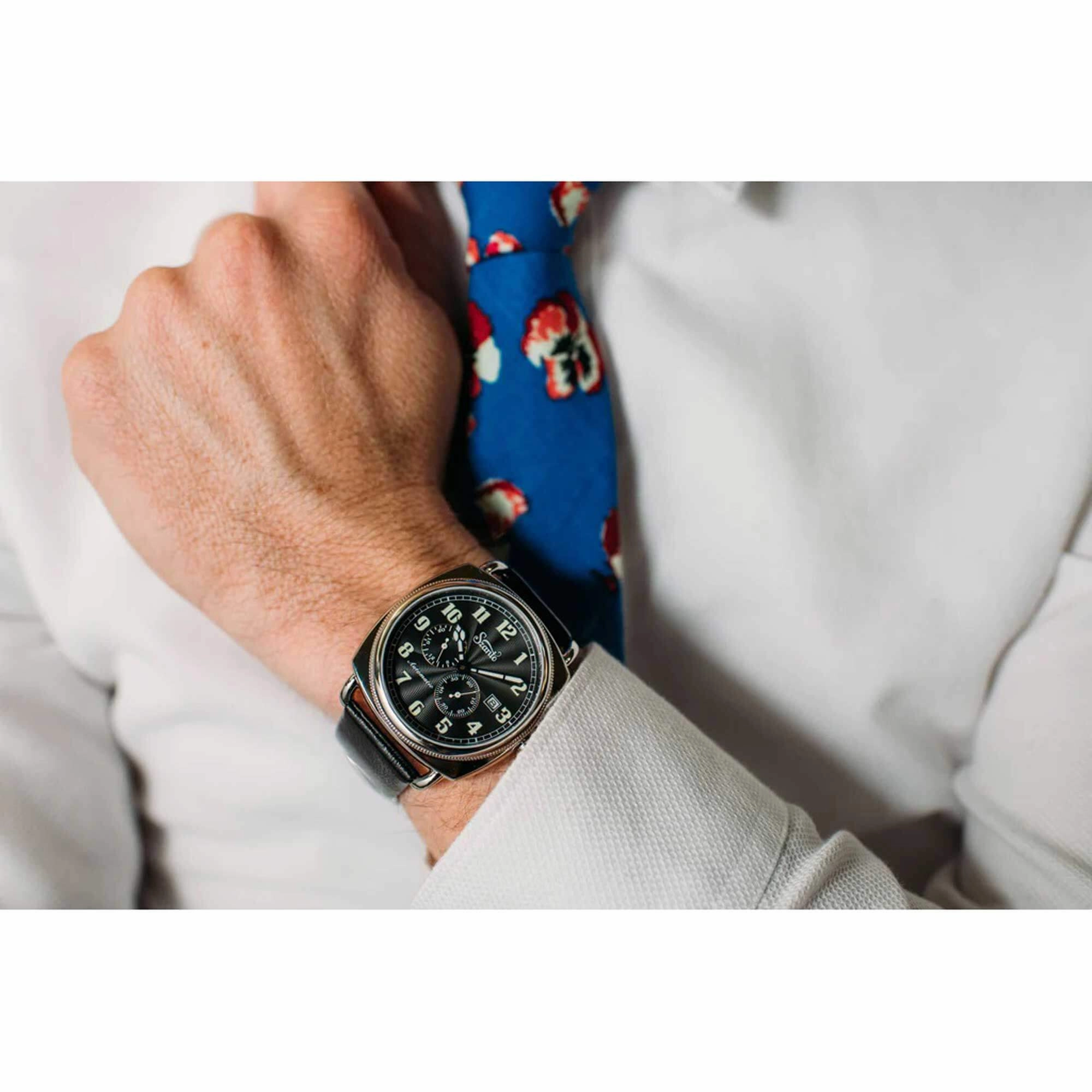 Szanto Men's Automatic Watch - Officer Coin Cushion Black Dial Strap | SZ 6201E