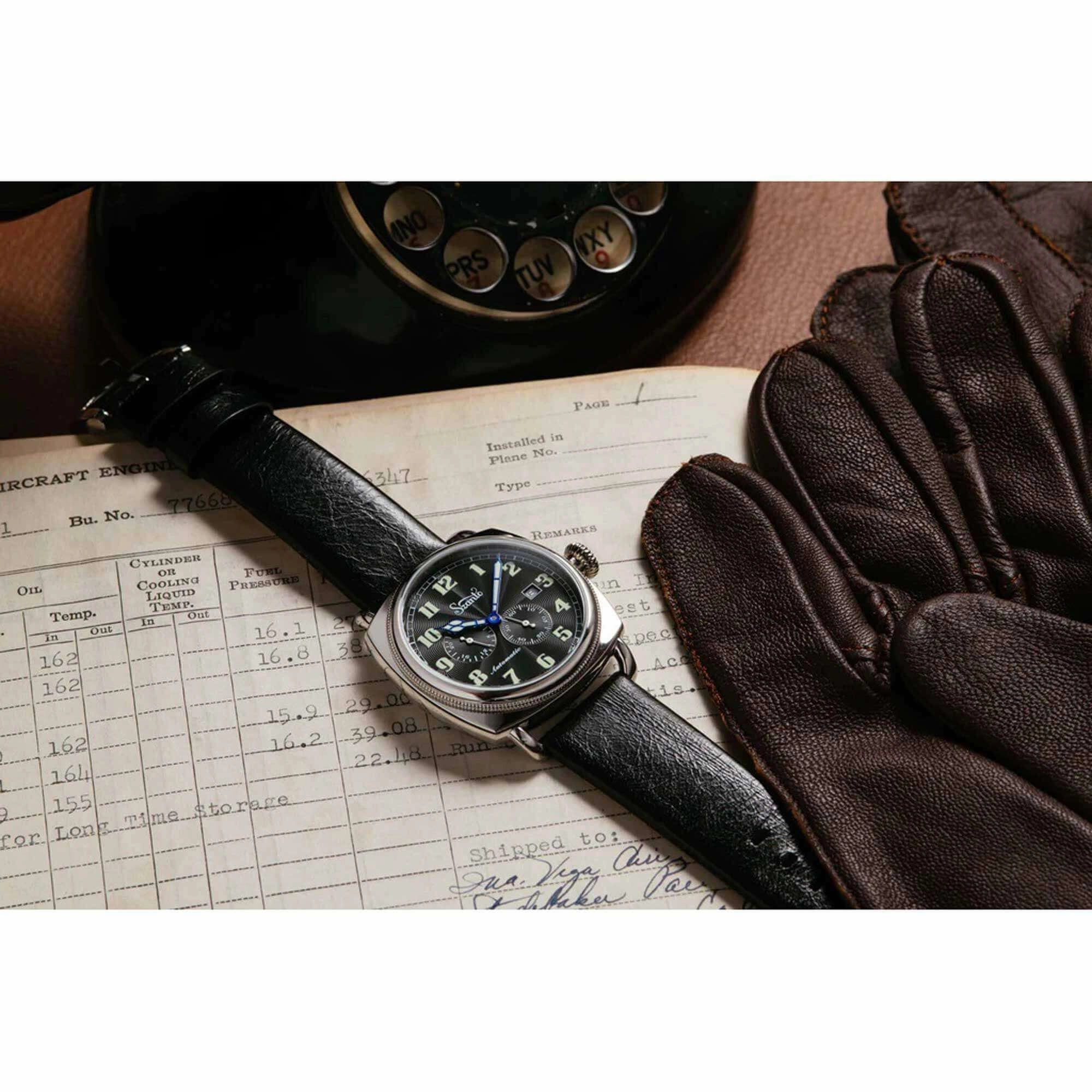 Szanto Men's Automatic Watch - Officer Coin Cushion Black Dial Strap | SZ 6201E