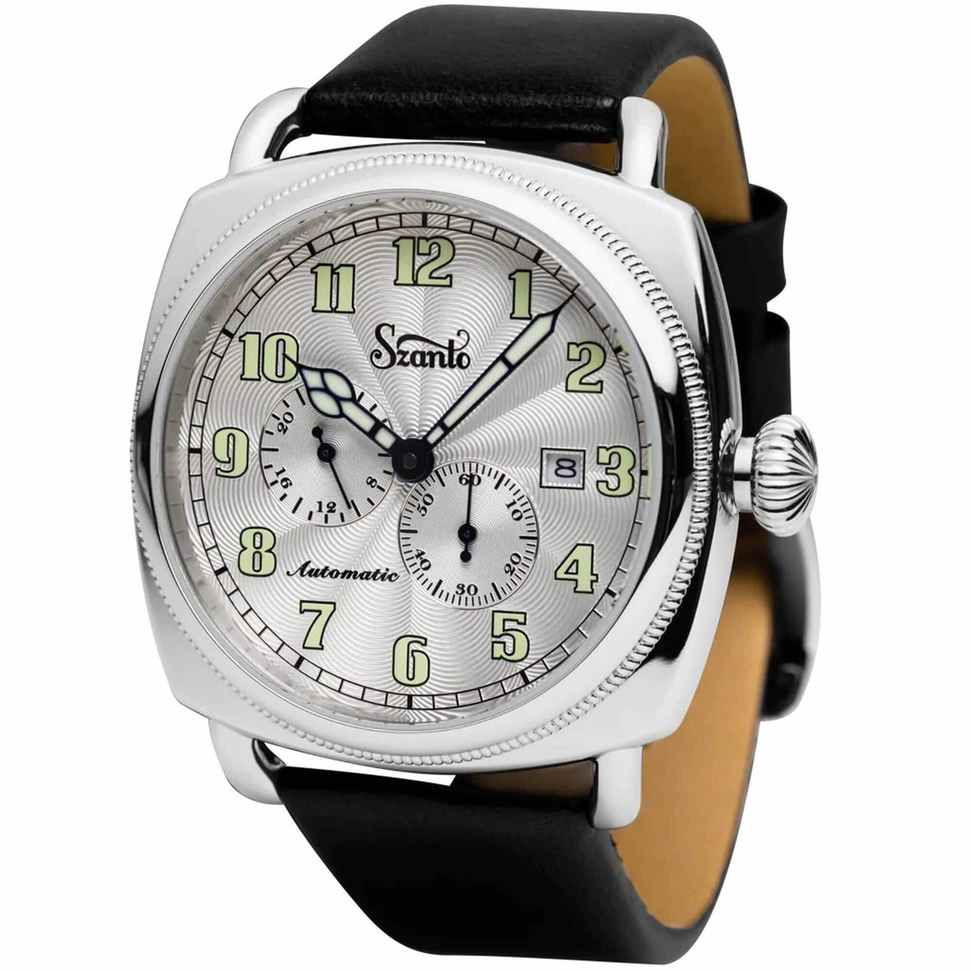 Szanto Men's Watch - Officer Coin Cushion Silver Tone Dial Black Strap | SZ 6202E
