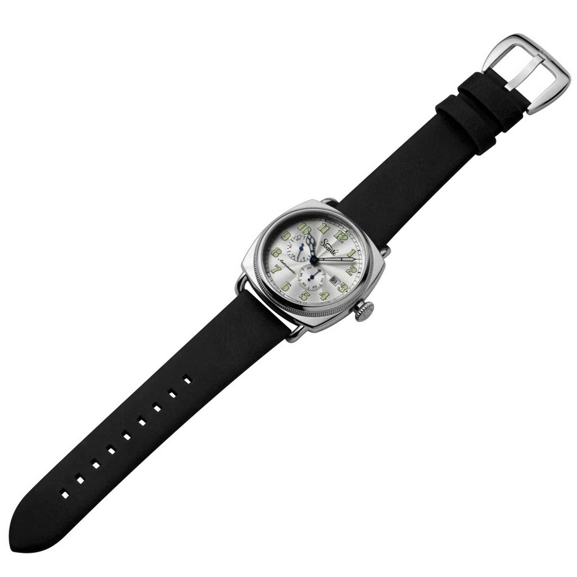 Szanto Men's Watch - Officer Coin Cushion Silver Tone Dial Black Strap | SZ 6202E