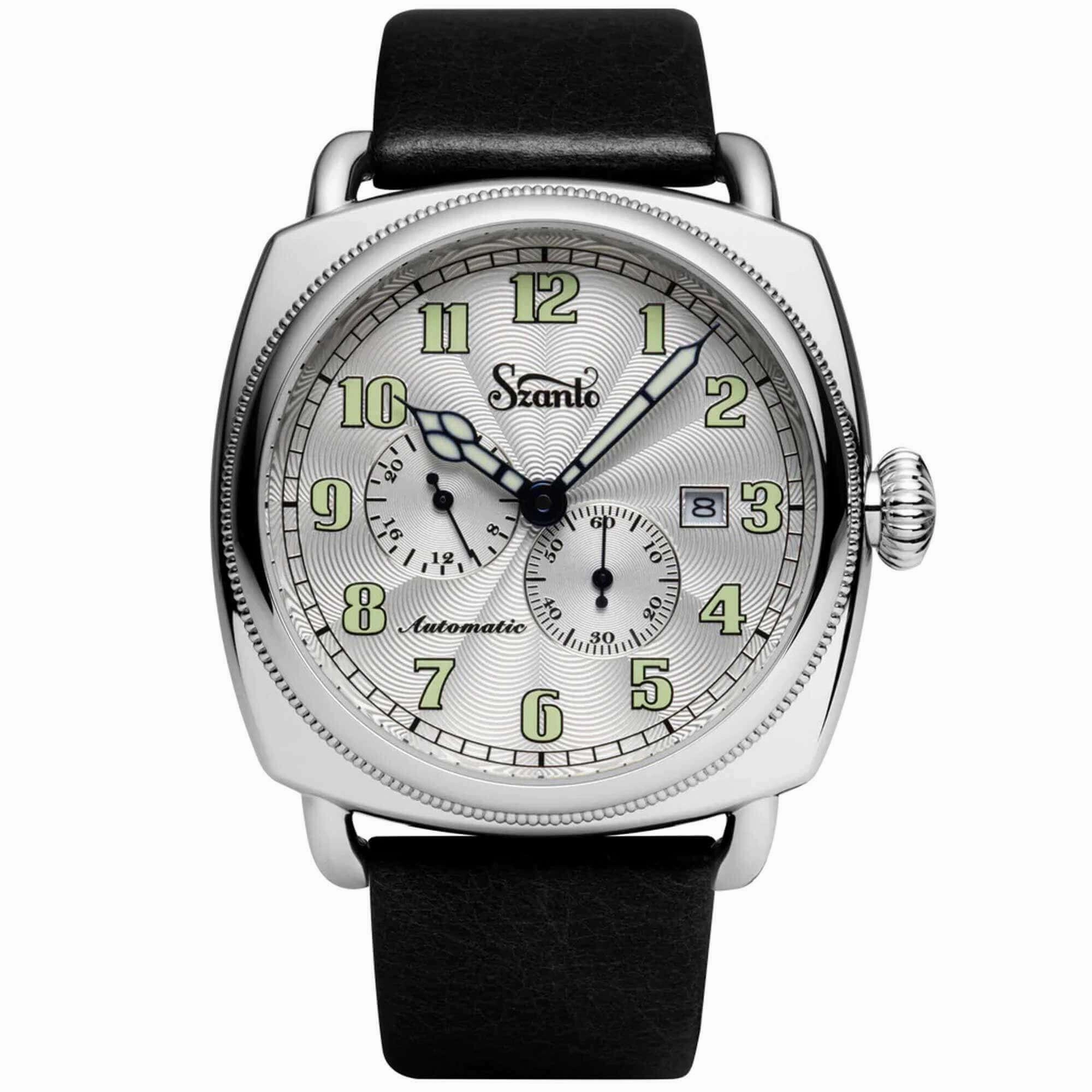 Szanto Men's Watch - Officer Coin Cushion Silver Tone Dial Black Strap | SZ 6202E