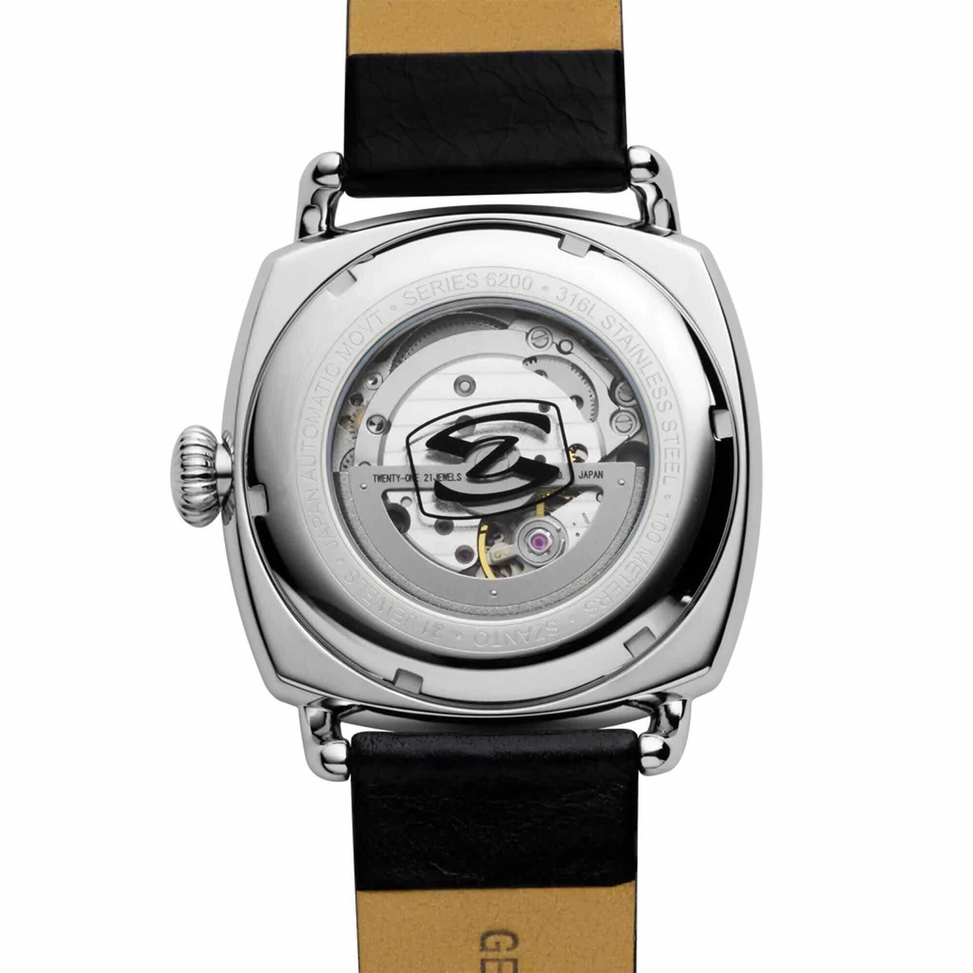 Szanto Men's Watch - Officer Coin Cushion Silver Tone Dial Black Strap | SZ 6202E