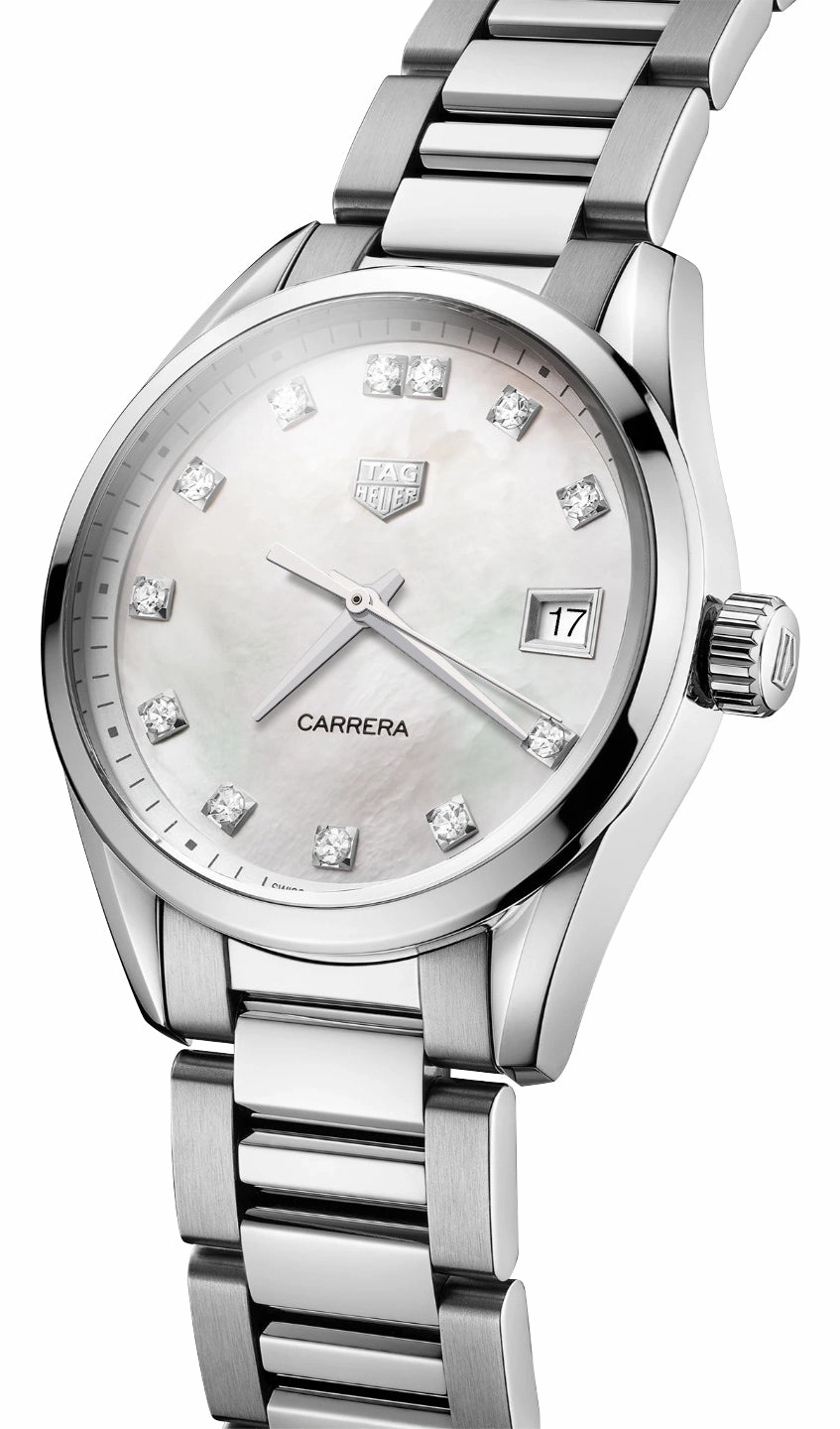 TAG Heuer Carrera Stainless Steel Mother-Of-Pearl Dial Diamonds Date Quartz Womens Watch WBK1318.BA0652