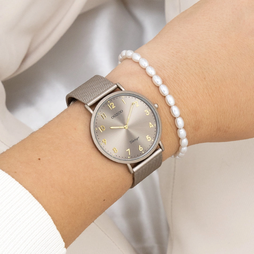 Taupe OOZOO watch with metal mesh bracelet - C20380