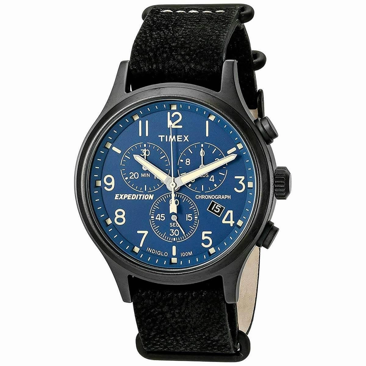 Timex Men's Quartz Watch - Expedition Scout Blue Dial Black Leather Strap | TW4B04200
