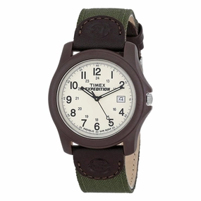 Timex Men's Strap Watch - Expedition Camper Green Nylon & Brown Leather Beige Dial | T49101JV
