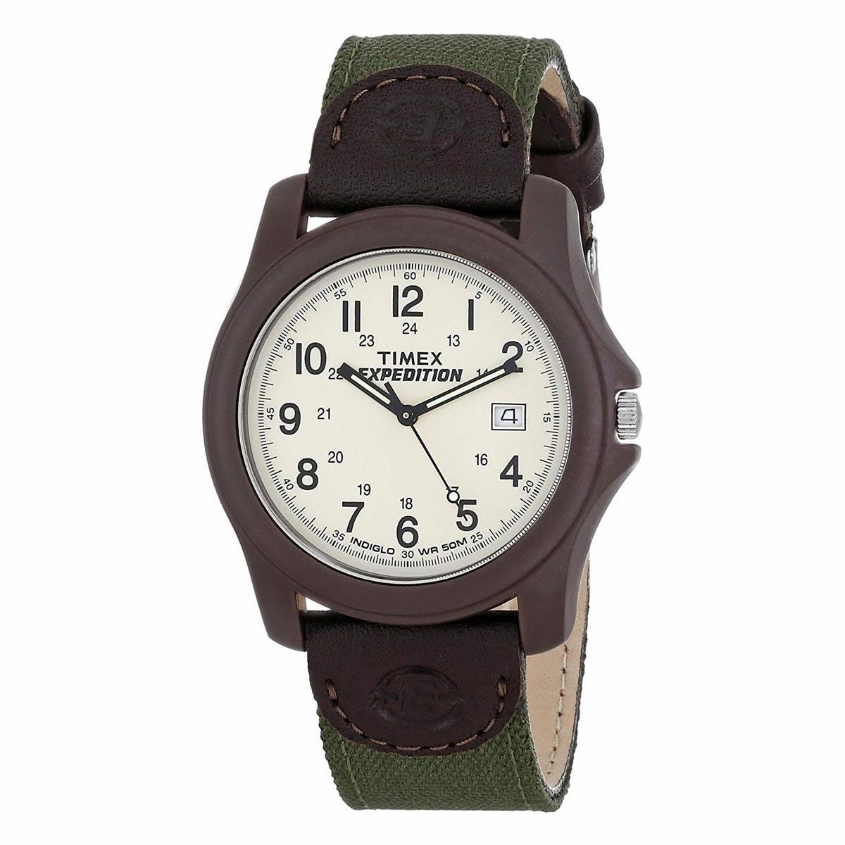 Timex Men's Strap Watch - Expedition Camper Green Nylon & Brown Leather Beige Dial | T49101JV