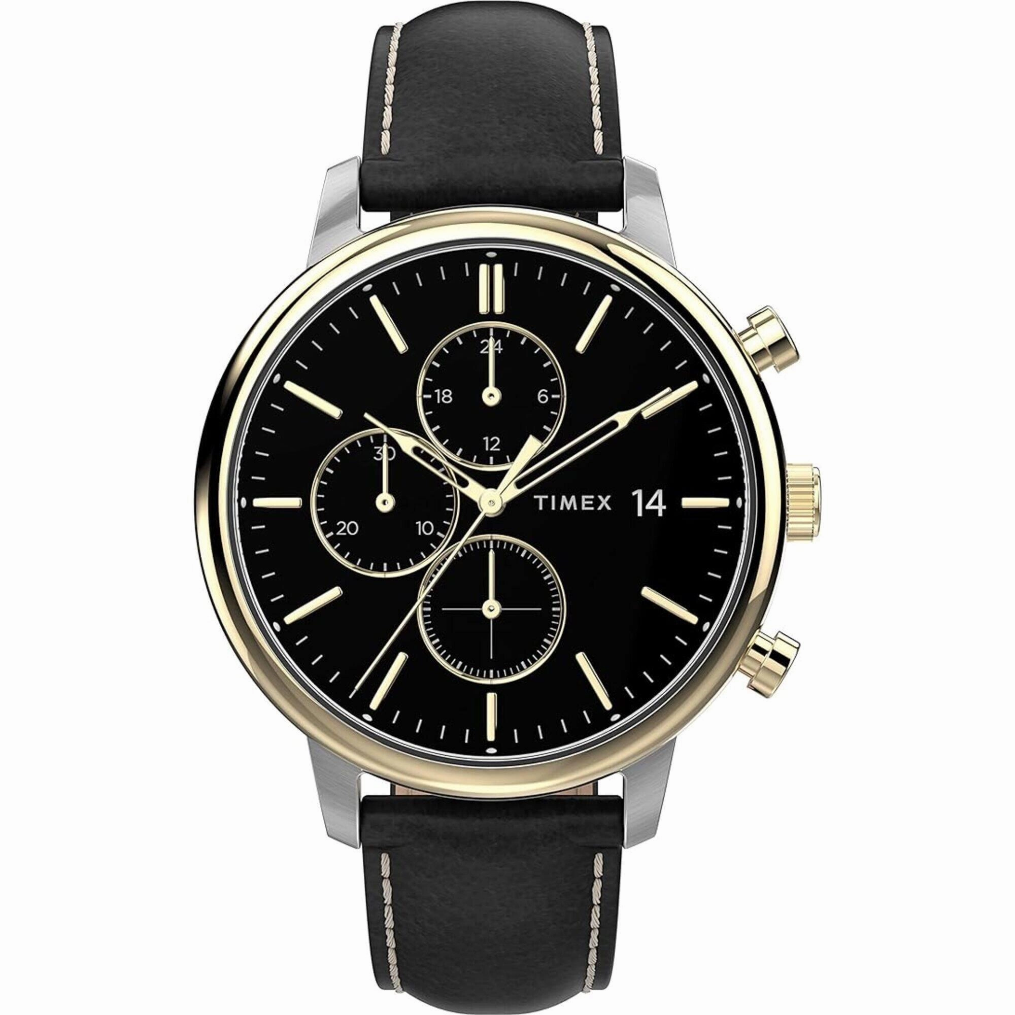 Timex Men's Watch - Chicago Chronograph Black Dial Black Leather Strap | TW2U39100VQ