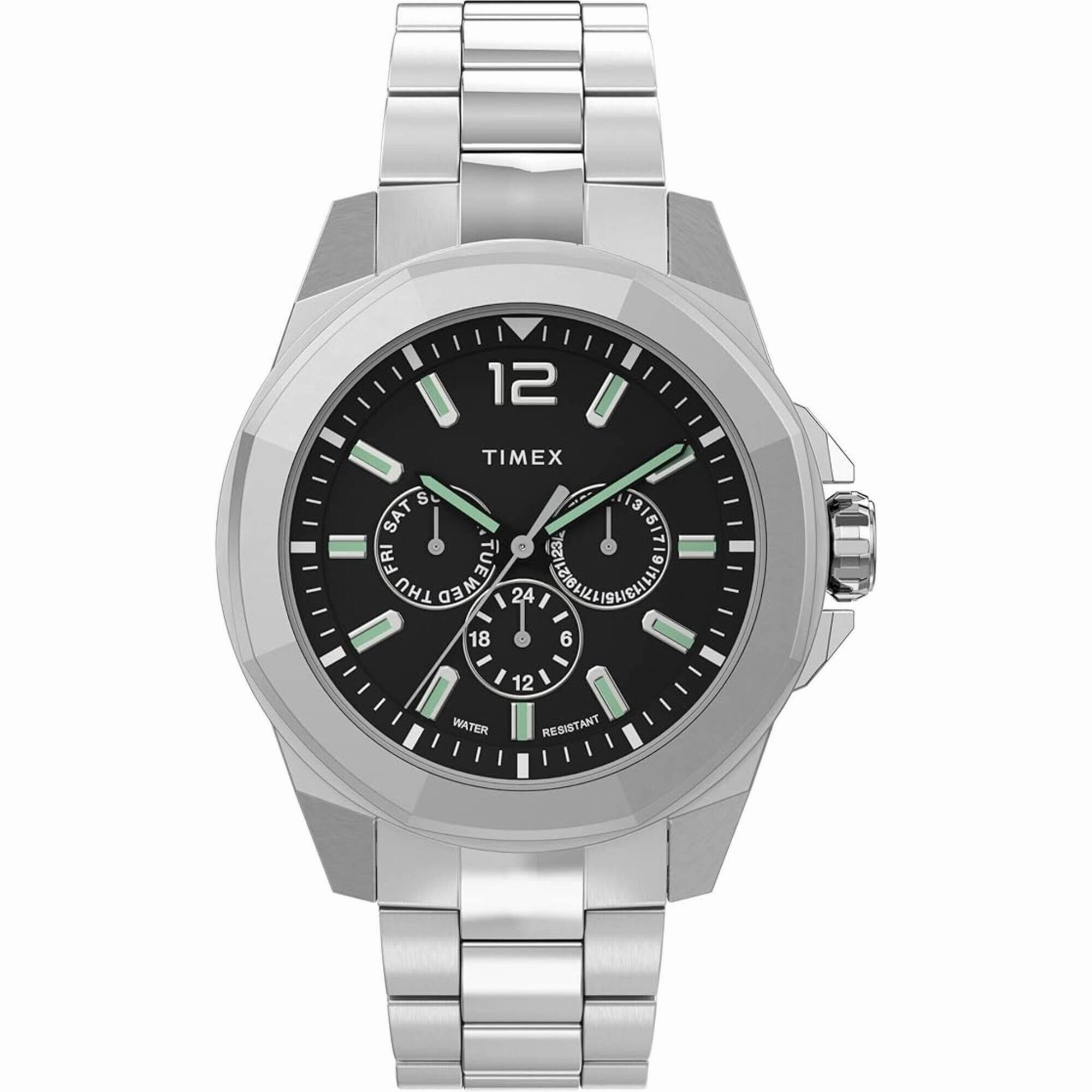 Timex Men's Watch - Essex Avenue Day-Date Black Dial Silver Bracelet | TW2U42600VQ