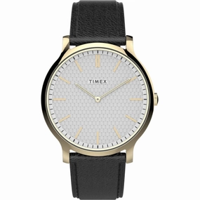 Timex Men's Watch - Gallery Quartz Silver Tone Dial Black Leather Strap | TW2V28400