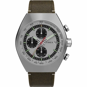 Timex Men's Watch - Legacy Chrono Silver and Black Dial Leather Strap | TW2W50100