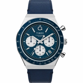 Timex Men's Watch - Q Timex Chronograph Blue and White Dial Leather Strap | TW2W51700