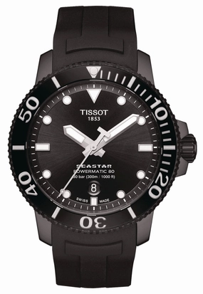 Tissot T-Sport Seastar 1000 Automatic Powermatic 80 Black PVD Black Dial Black Rubber Strap Date Divers Mens Watch T120.407.37.051.00