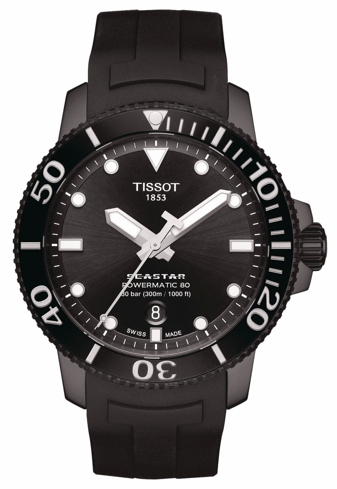 Tissot T-Sport Seastar 1000 Automatic Powermatic 80 Black PVD Black Dial Black Rubber Strap Date Divers Mens Watch T120.407.37.051.00