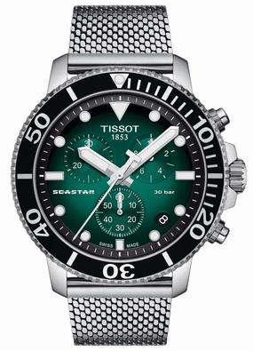 Tissot T-Sport Seastar 1000 Chronograph Stainless Steel Mesh Green Dial Date Divers Quartz Mens Watch T120.417.11.091.00