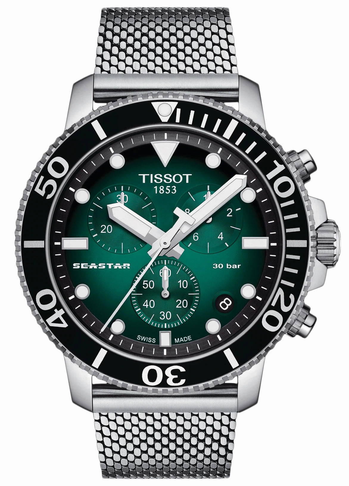 Tissot T-Sport Seastar 1000 Chronograph Stainless Steel Mesh Green Dial Date Divers Quartz Mens Watch T120.417.11.091.00