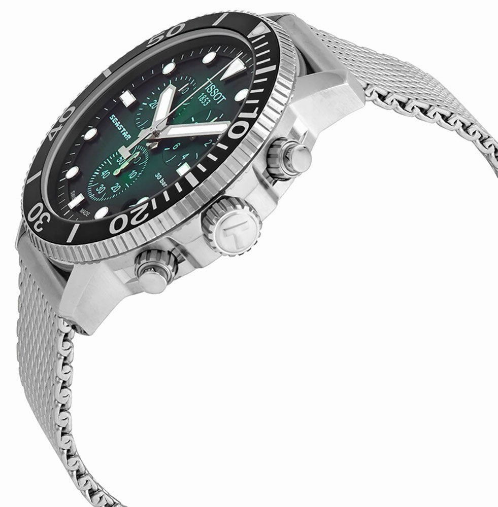 Tissot T-Sport Seastar 1000 Chronograph Stainless Steel Mesh Green Dial Date Divers Quartz Mens Watch T120.417.11.091.00