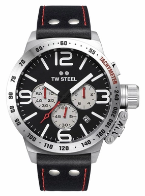TW Steel Canteen Chronograph Stainless Steel Black Leather Strap Black Dial Date Quartz Mens Watch CS7