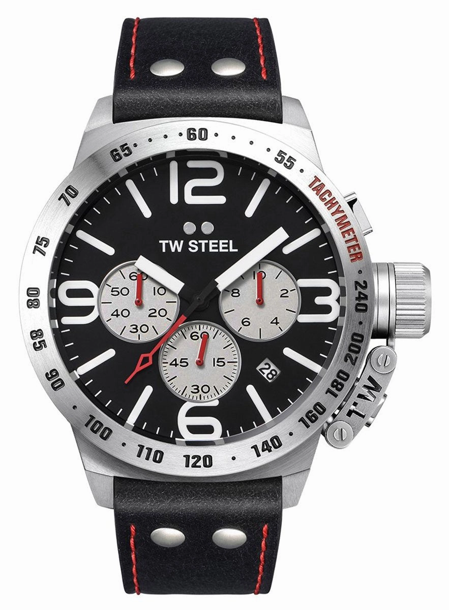 TW Steel Canteen Chronograph Stainless Steel Black Leather Strap Black Dial Date Quartz Mens Watch CS7