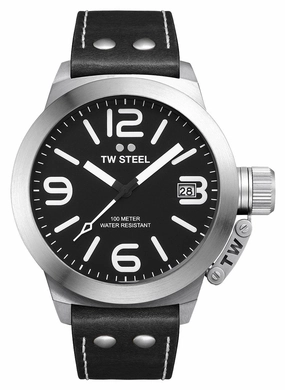TW Steel Canteen Stainless Steel Black Leather Strap Black Dial Date Quartz Mens Watch CS1