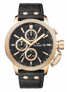 TW Steel Ceo Adesso Chronograph Rose Gold PVD Black Leather Strap Black Dial Quartz Date Mens Watch CE7012