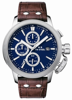 TW Steel Ceo Adesso Chronograph Stainless Steel Brown Leather Strap Blue Dial Quartz Date Mens Watch CE7010