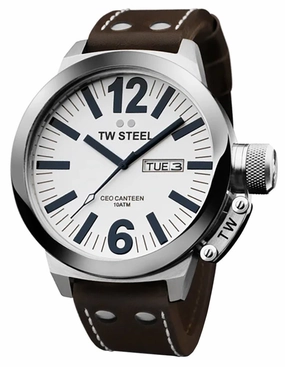TW Steel CEO Canteen Stainless Steel White Dial Brown Leather Strap Day/Date Quartz Mens Watch CE1006