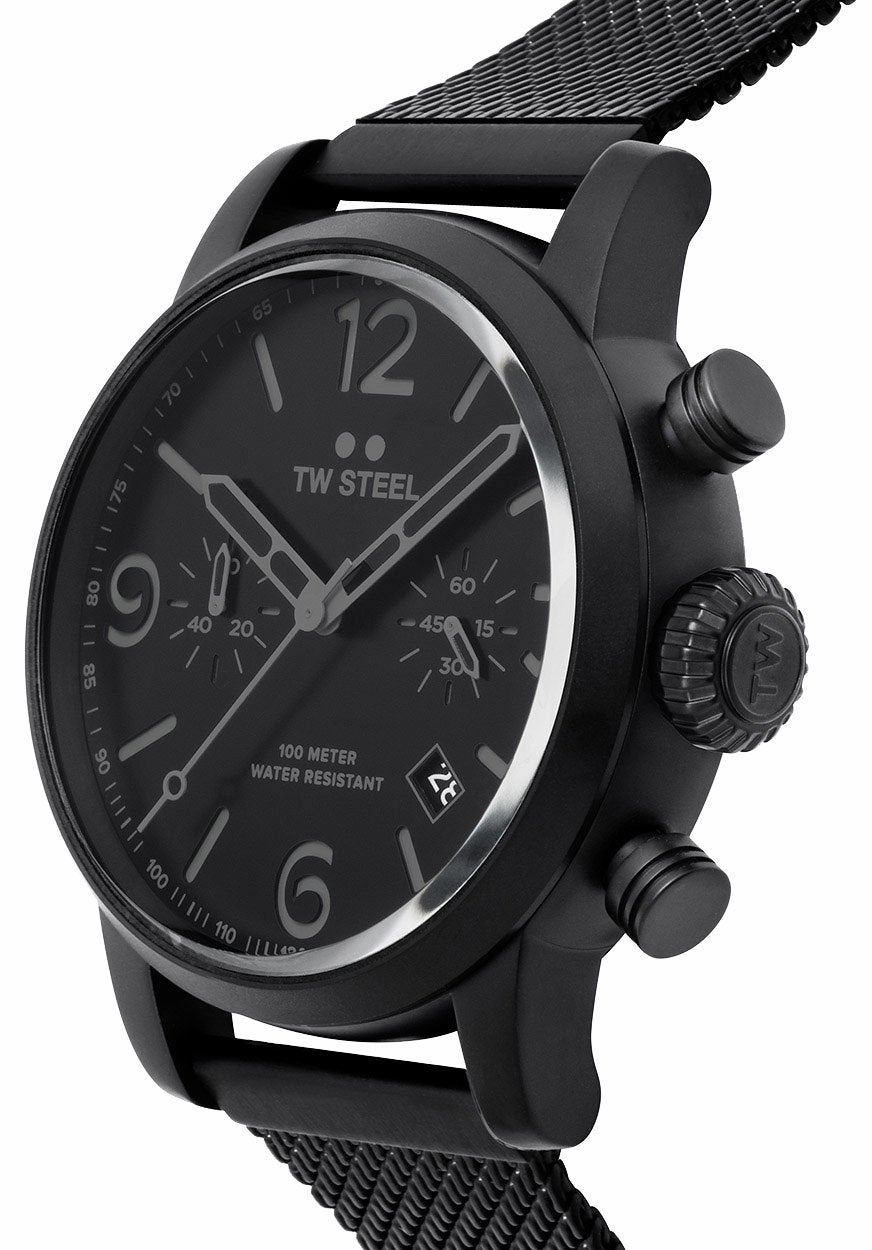 TW Steel Maverick Chronograph Black Dial Black PVD Mesh Band Date Quartz Mens Watch MB33