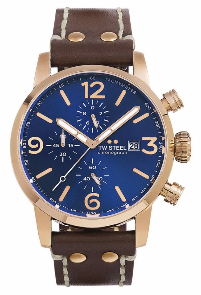 TW Steel Maverick Chronograph Rose Gold PVD Brown Leather Strap Blue Dial Quartz Date Mens Watch MS84