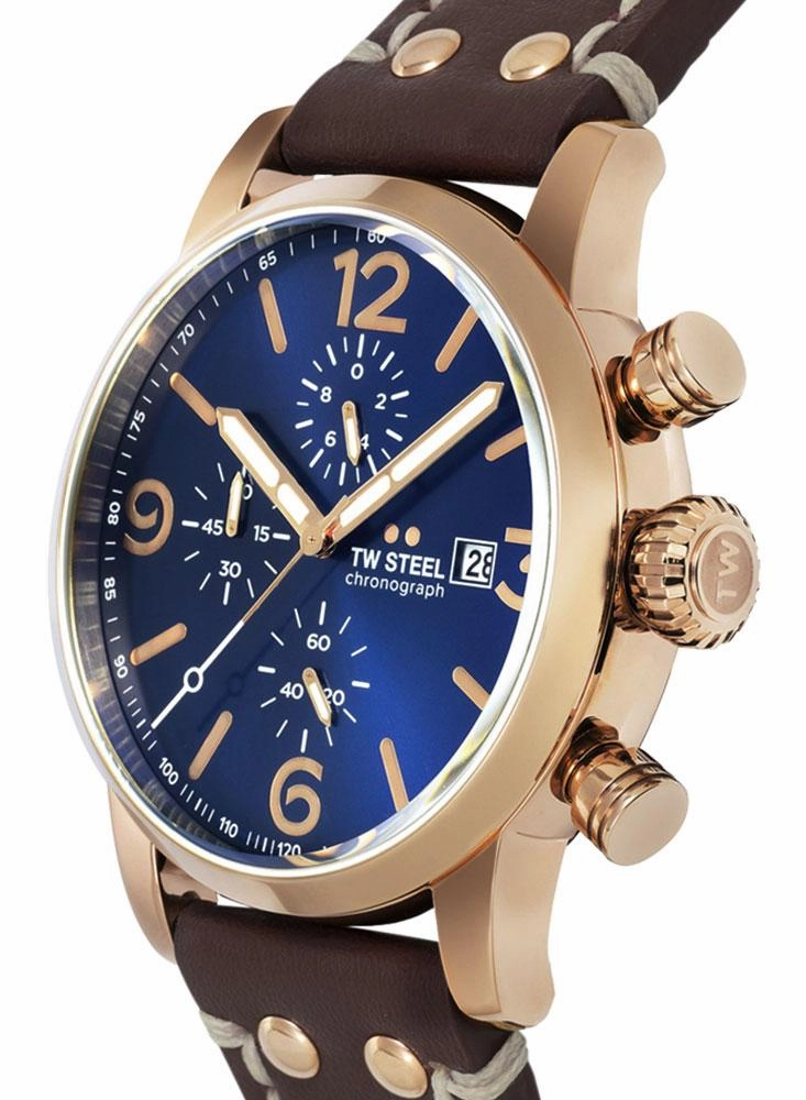 TW Steel Maverick Chronograph Rose Gold PVD Brown Leather Strap Blue Dial Quartz Date Mens Watch MS84