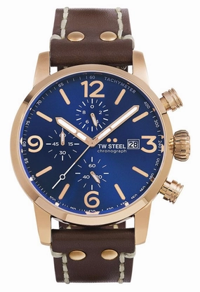 TW Steel Maverick Chronograph Rose Gold PVD Brown Leather Strap Blue Dial Quartz Date Mens Watch MS84